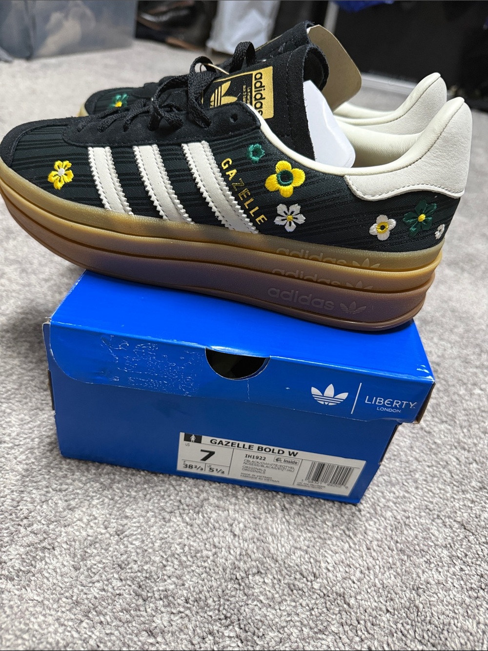 adidas Gazelle Bold W Black with Cream & Gold Floral Embroidery